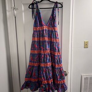 FARM Rio Purple and Pink Tiered V-Neck Midi Dress